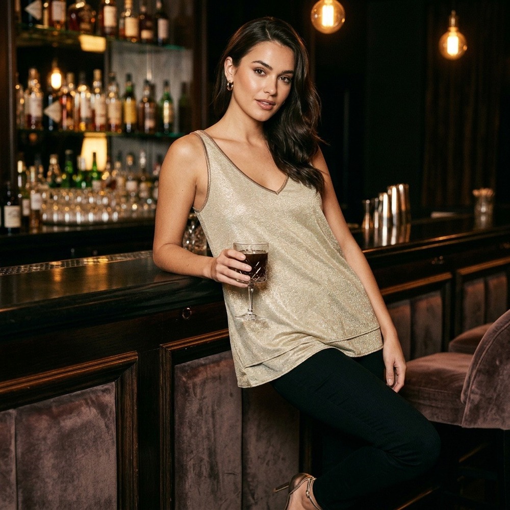 Gold Metallic Tunic Tank Top V Neck Faux Snakeskin Trim Flowy Drape Womens Small